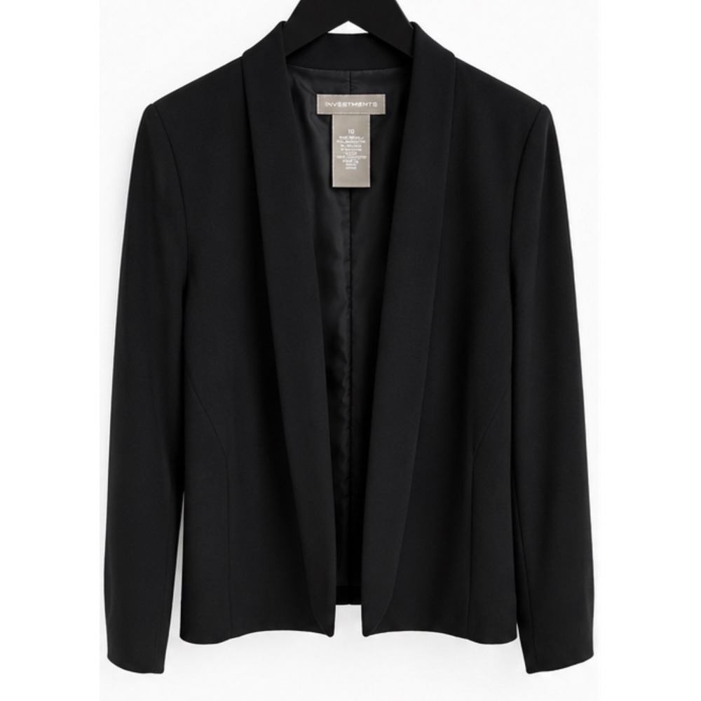 Investments Womens Black Open Front Shawl Collar Blazer Jacket Size 10